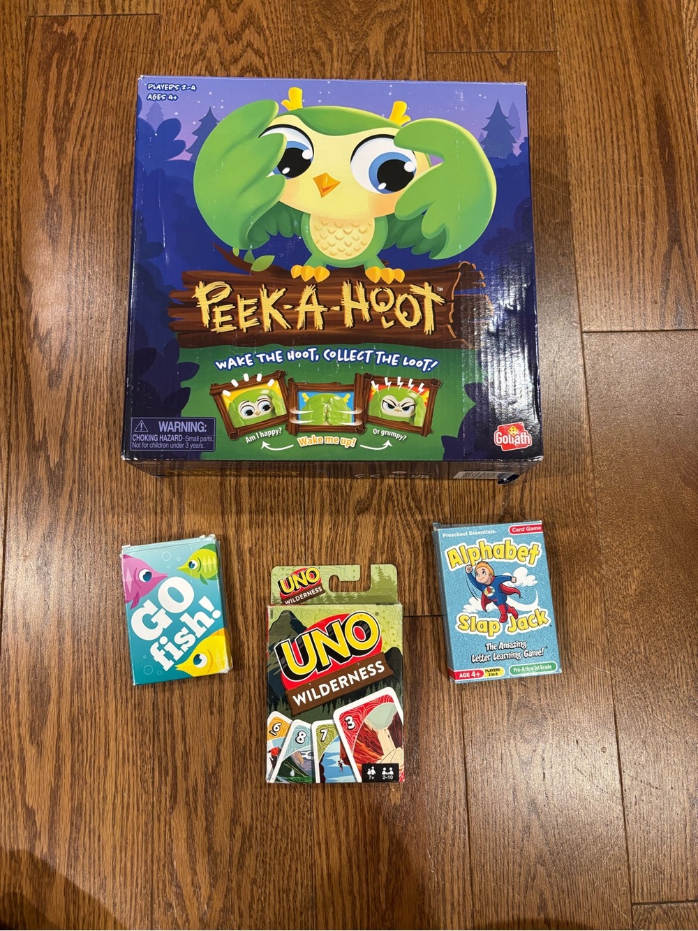 Kids game bundle- peek a hoot and alphabet slap jack uno go fish